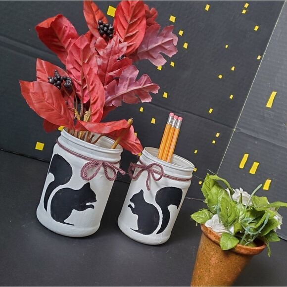 Hand Painted Glass Jars, Black Squirrels - Picture 1 of 7